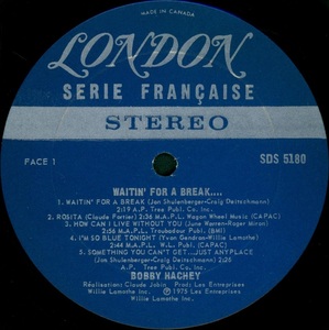 Hachey bobby waitin' for a break 1975 disque face 1a