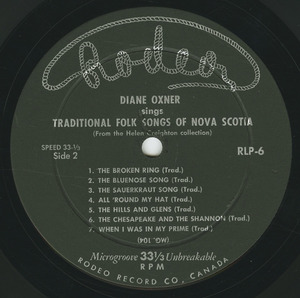 Diane oxner   sings the helen creighton collection of traditional folk songs of nova scotia label 02 2nd copy