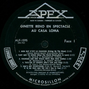 Reno ginette en spectacle au casa loma 1967 disque face aa