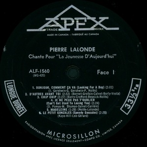 Lalonde pierre chante pour la jeunesse d'aujourd'hui mono 1963 disque face ia