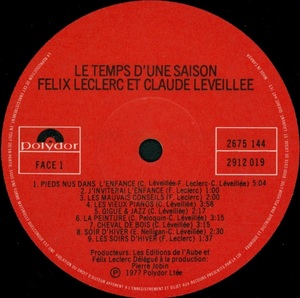 Leclerc f%c3%a9lix l%c3%a9veill%c3%a9e claude le temps d'une saison 1977 disque 1 face 1