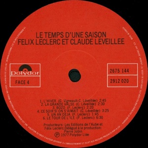 Leclerc f%c3%a9lix l%c3%a9veill%c3%a9e claude le temps d'une saison 1977 disque 2 face 4