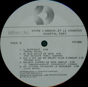 Pary chantal vivre l'amour et le chanter 1980 disque face b